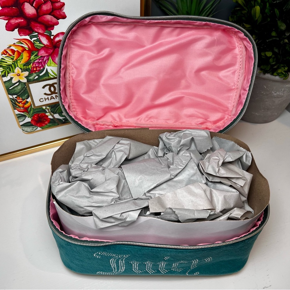 Juicy Couture Teal Velvet Snake Print Cosmetic Bag Gold Trim Rhinestones - Picture 7 of 10